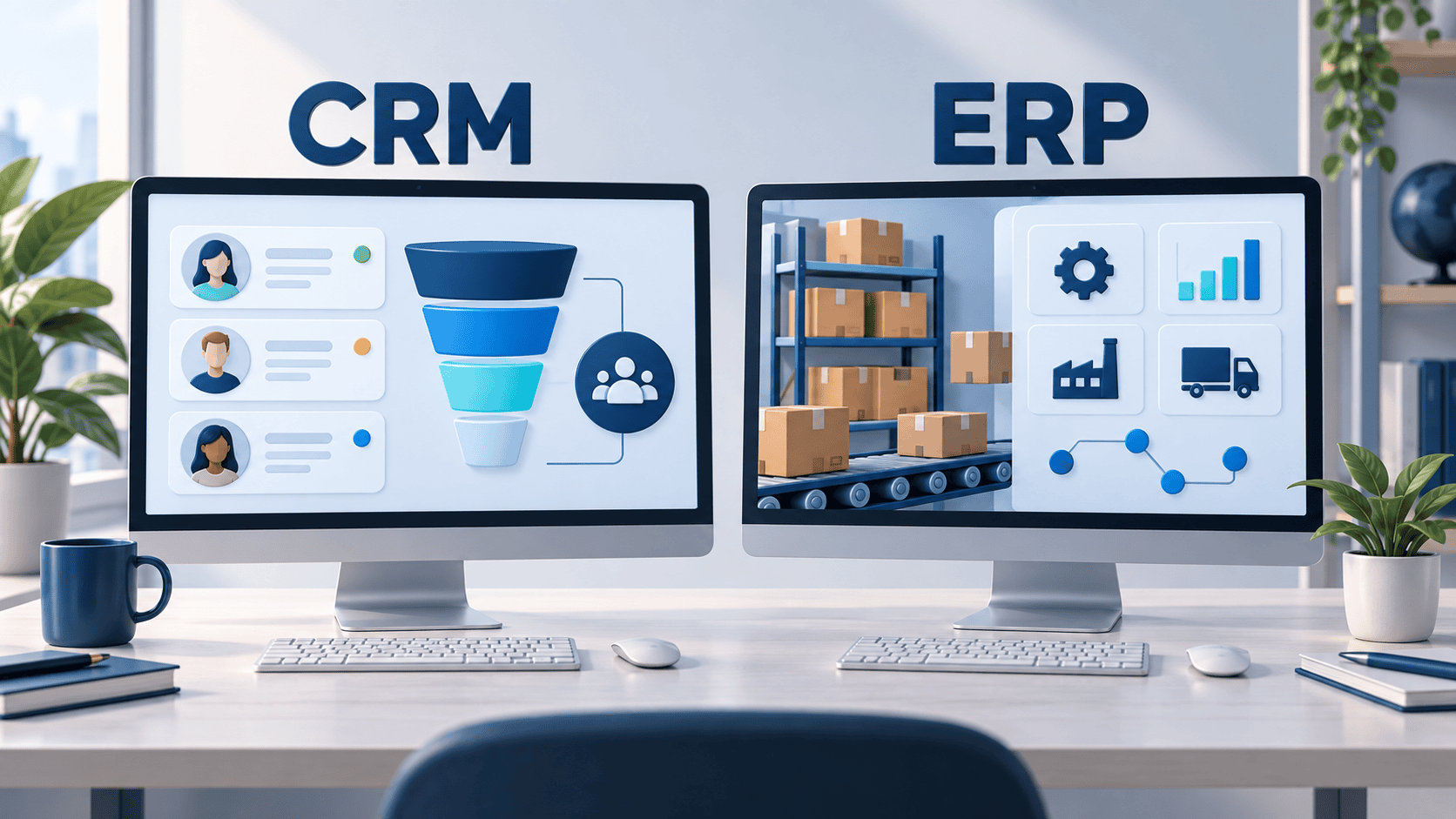Illustrative CRM customer cards and sales funnel beside an ERP inventory and operations dashboard.