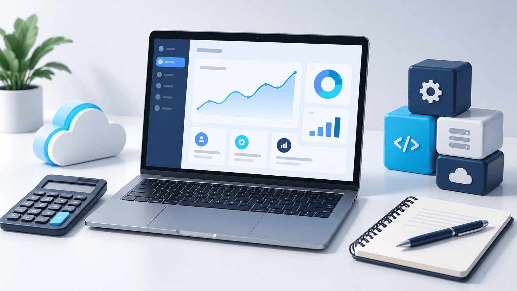 SaaS budgeting concept with a laptop dashboard, calculator, cloud symbol and modular software blocks.