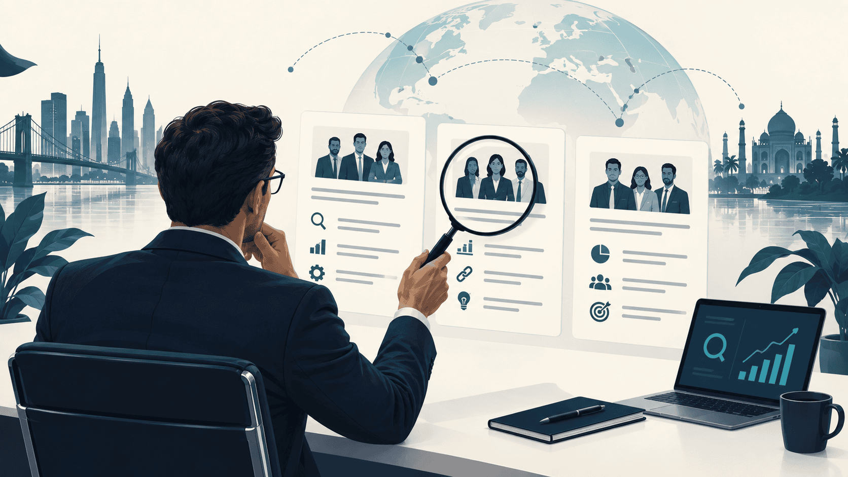 Business buyer comparing SEO agency proposals with a magnifying glass