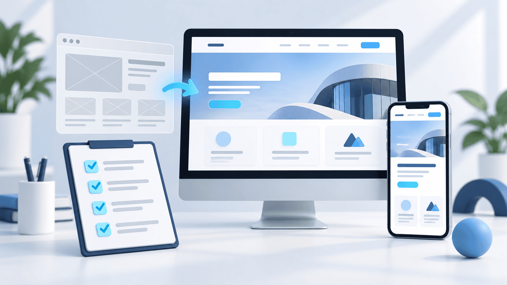 Website redesign concept showing a wireframe, desktop and mobile layouts, and a launch checklist.